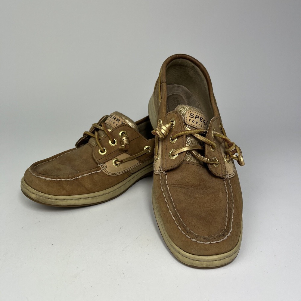 Sperry Top-Sider Koifish Womens 7.5 Tan Boat Shoe Leather Linen Fabric Deck